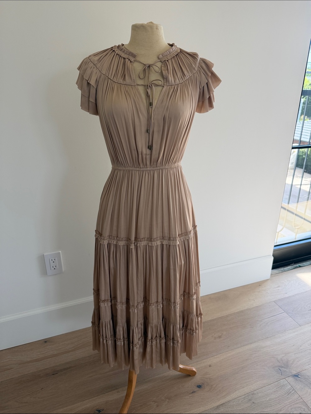 Neutral Beige Tiered Midi Dress with Ruffle Collar